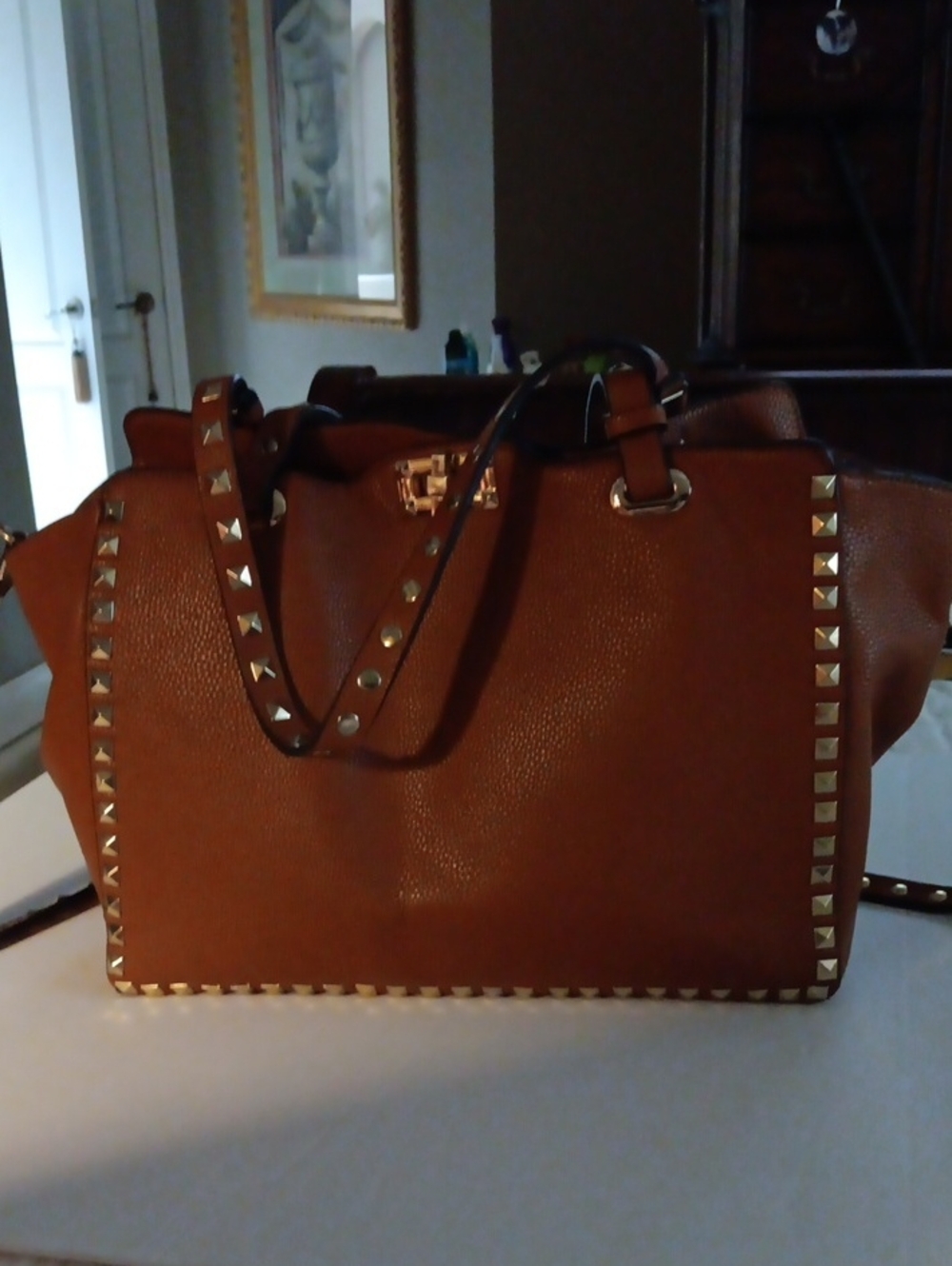 Inzi Riveted Dark Tan Pebble Faux Leather Satchel